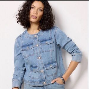 Evereve Vera Lady Collarless Denim Jacket Silver Buttons Size XS